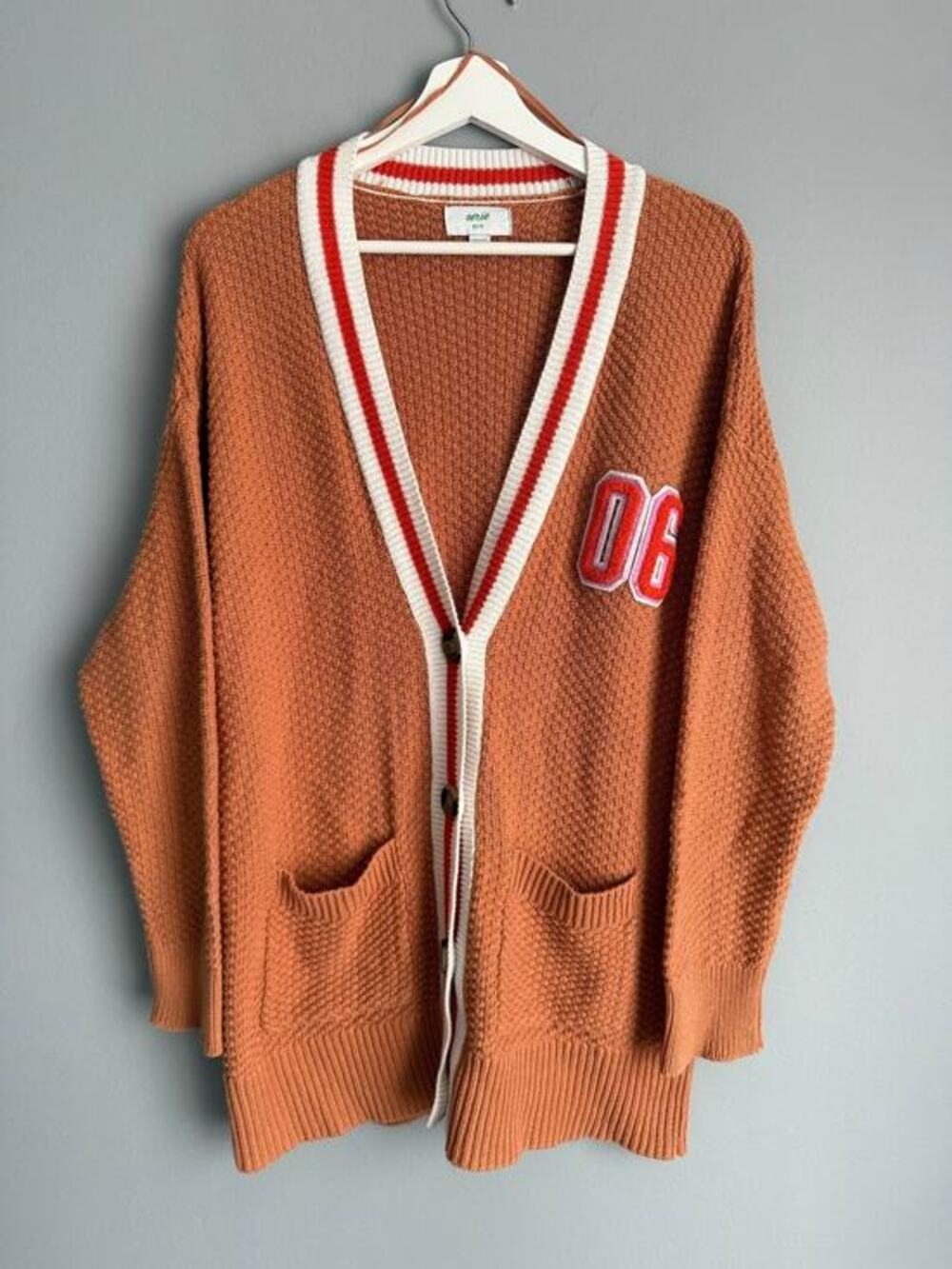 Aerie Women's XS Varsity Cardigan Rust Cotton Knit Letterman Patch Collegiate